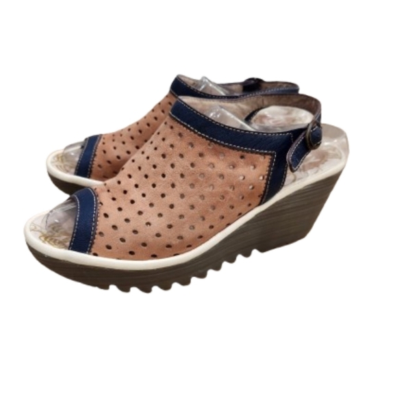 Fly London Yuti Wedge Peep Toe Perforated Sandal Suede ,Tan/Navy ,38 US Womens 7 - Picture 3 of 10